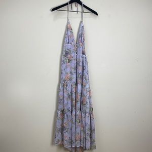 Lulu’s backless “Everlasting Sight Lavender Floral Print Tie-Strap Midi Dress”